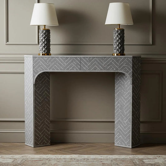 Luxury Gray Bone Inlay Console Table with Chevron Pattern – Handcrafted by Hansa Handicrafts