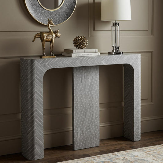 Luxury Gray Bone Inlay Console Table with Chevron Pattern – Handcrafted by Hansa Handicrafts