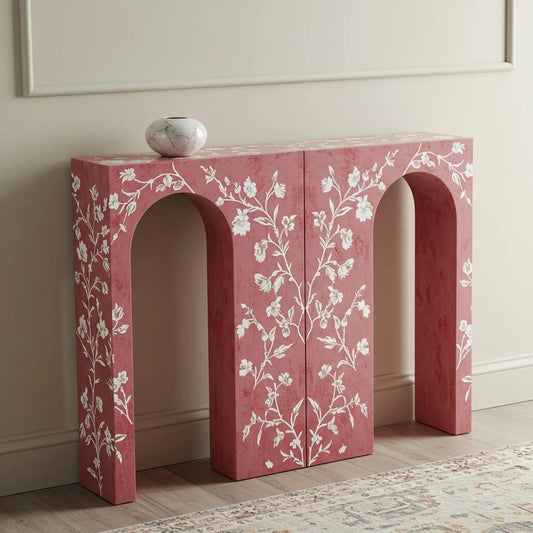 Pink Bone Inlay Console Table – Chevron Pattern | Luxury Handmade Furniture by Hansa Handicrafts