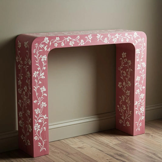 Luxury Pink Bone Inlay Console Table with Chevron Design – Handcrafted by Hansa Handicrafts