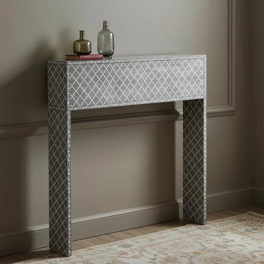 Gray Bone Inlay Console Table – Chevron Design | Luxury Handmade Accent Furniture