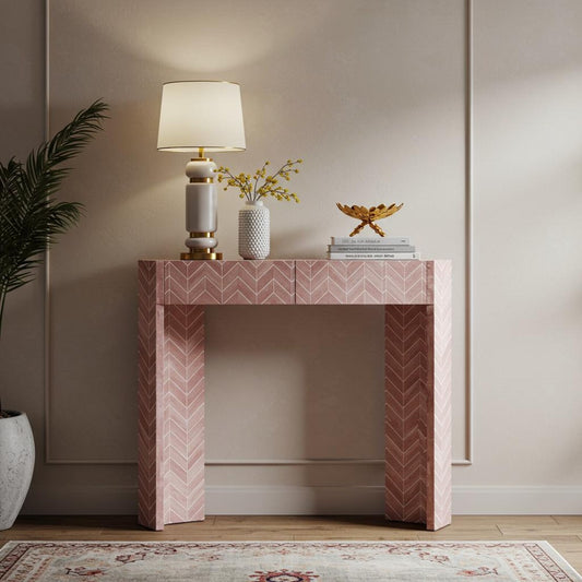 Handcrafted Chevron Pink Bone Inlay Console Table | Elegant Living Room Furniture by Hansa Handicrafts