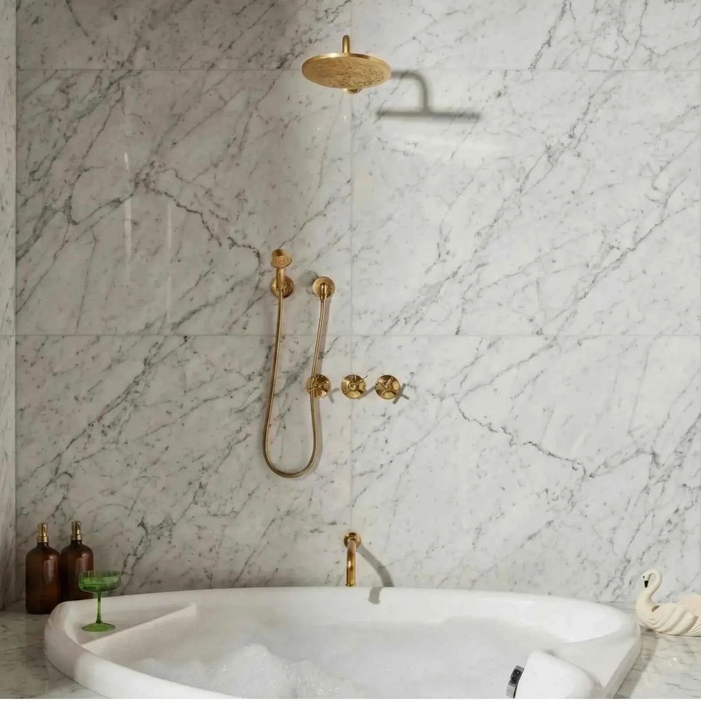 “HANSA HANDICRAFT Unlacquered Brass Shower System – Rainfall Shower Head & Handheld Spray Set”