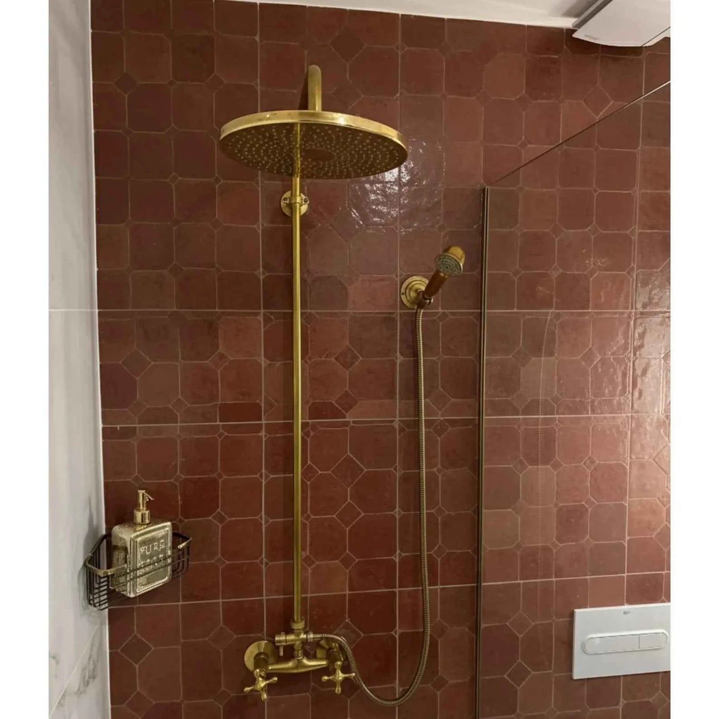 3. Vintage Unlacquered Brass Outdoor Shower with Rainfall and Handheld Sprayer – HANSA HANDICRAFT
