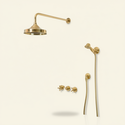 HANSA HANDICRAFT Premium Brass Shower System – Unlacquered Finish, 8” Rainfall Head, Hand Shower & Body Sprays