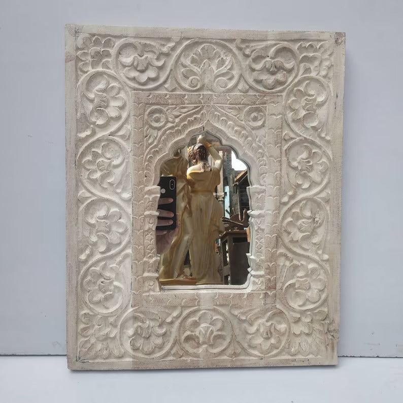 Indian Carved Wooden Temple Wall Mirror Frame (Indian Mirror) , gifts for home.