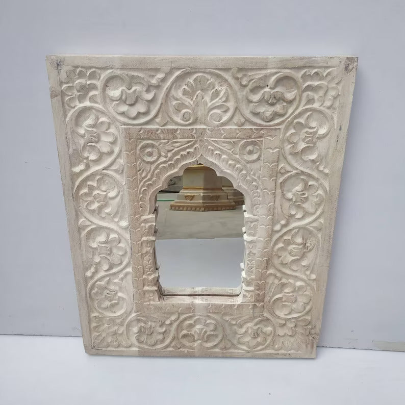 Indian Carved Wooden Temple Wall Mirror Frame (Indian Mirror) , gifts for home.