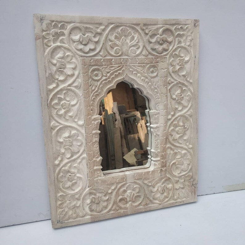 Indian Carved Wooden Temple Wall Mirror Frame (Indian Mirror) , gifts for home.