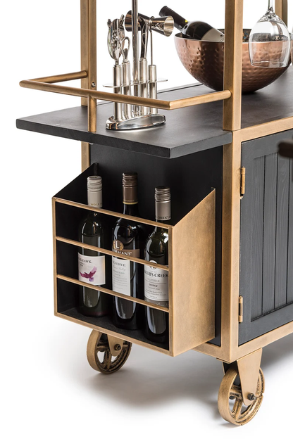 French Brass and Black Drinks Trolley Bar Cart with 3-Tier Storage and Stemware Wine Bottle Rack