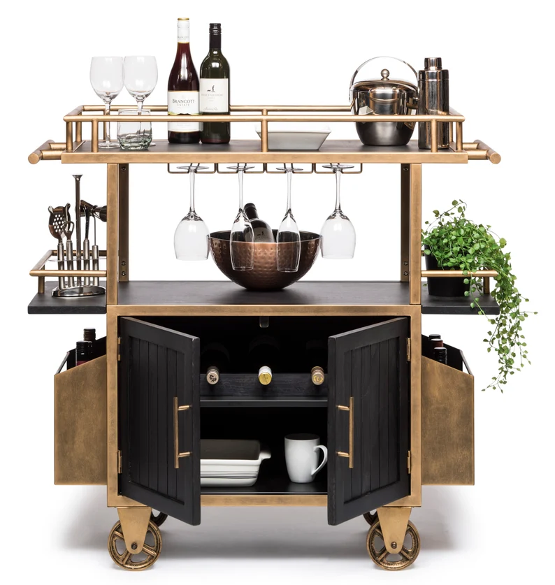 French Brass and Black Drinks Trolley Bar Cart with 3-Tier Storage and Stemware Wine Bottle Rack