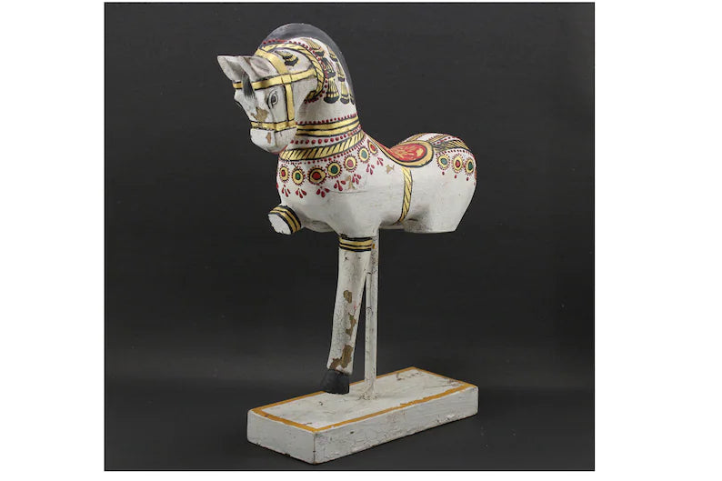 Vintage Wooden Decorative Horse Sculpture | White Painted Horse statue on Iron Stand Flat Wooden Base | Rare Indian Collectible with Patina