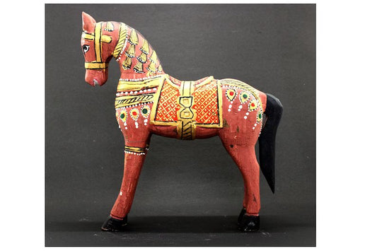 Wooden Decorative Horse Sculpture Dark Pink Painted Horse statue Rare Indian Collectible with Patina Distress Finished