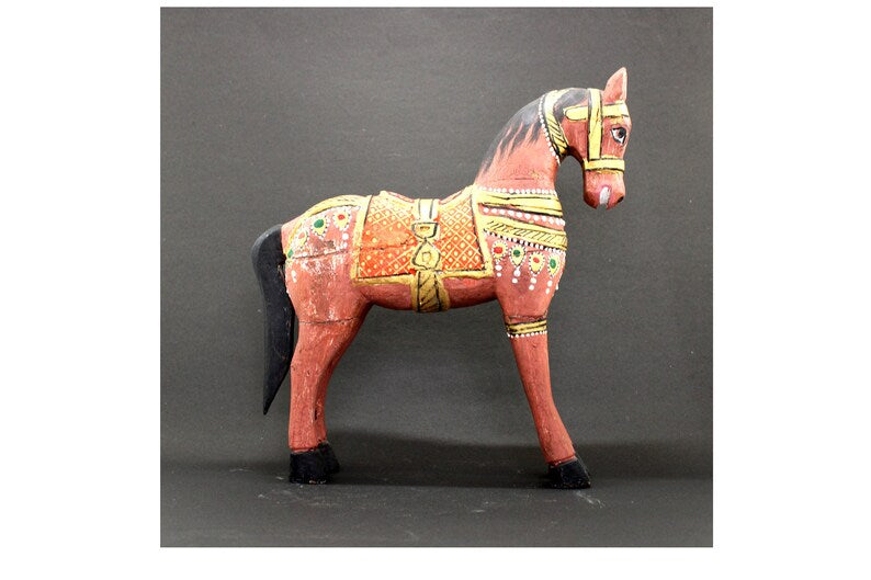 Wooden Decorative Horse Sculpture Dark Pink Painted Horse statue Rare Indian Collectible with Patina Distress Finished