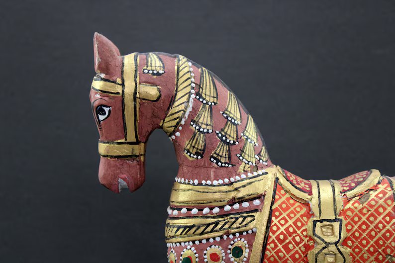 Wooden Decorative Horse Sculpture Dark Pink Painted Horse statue Rare Indian Collectible with Patina Distress Finished