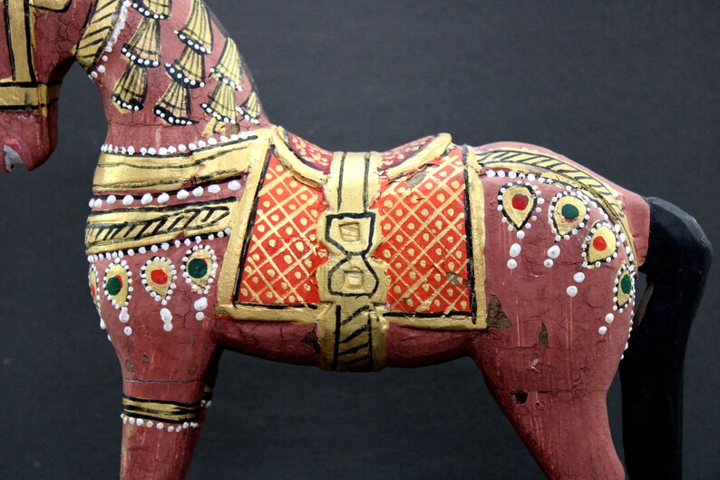 Wooden Decorative Horse Sculpture Dark Pink Painted Horse statue Rare Indian Collectible with Patina Distress Finished