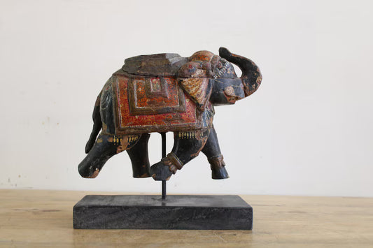 Elephant Vintage Wooden Statue Handcrafted and Hand painted with Distress Rustic Finish for Home Décor .