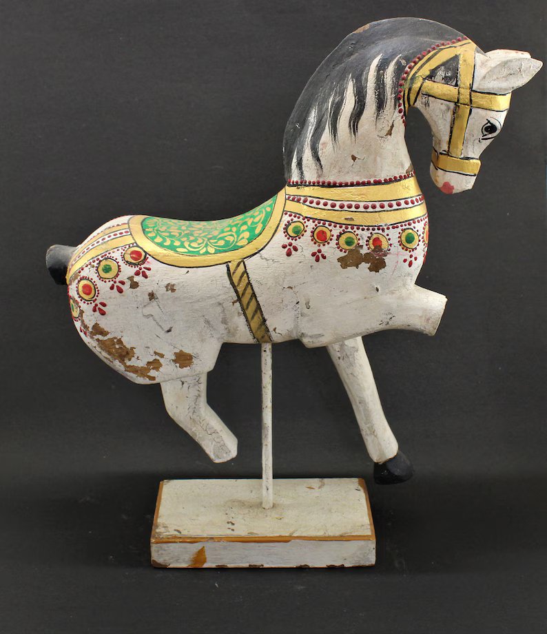Vintage Wooden Decorative Horse Sculpture | White Painted Horse statue on Iron Stand Flat Wooden Base | Rare Indian Collectible with Patina