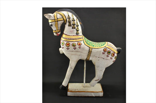 Vintage Wooden Decorative Horse Sculpture | White Painted Horse statue on Iron Stand Flat Wooden Base | Rare Indian Collectible with Patina