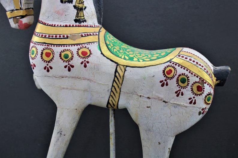 Vintage Wooden Decorative Horse Sculpture | White Painted Horse statue on Iron Stand Flat Wooden Base | Rare Indian Collectible with Patina
