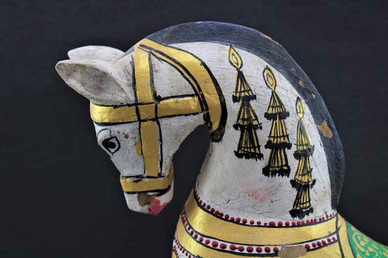 Vintage Wooden Decorative Horse Sculpture | White Painted Horse statue on Iron Stand Flat Wooden Base | Rare Indian Collectible with Patina
