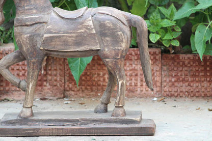 Large Vintage Wooden Decorative Horse Sculpture | Natural antique wooden Horse on Flat Wooden Base | Rare Indian Collectible with Patina