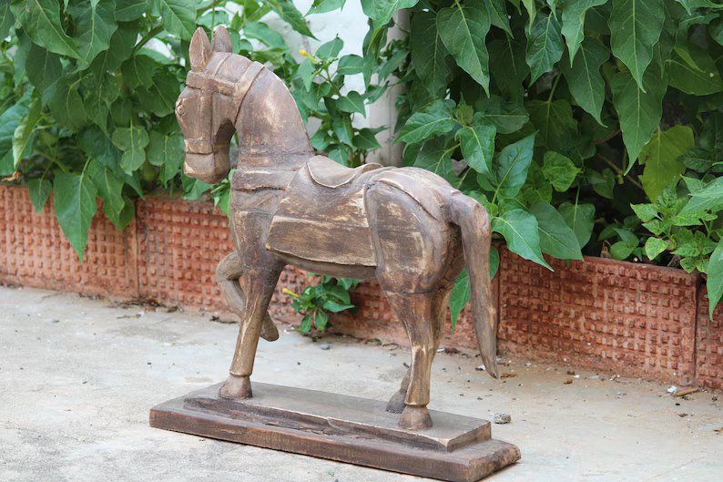 Large Vintage Wooden Decorative Horse Sculpture | Natural antique wooden Horse on Flat Wooden Base | Rare Indian Collectible with Patina