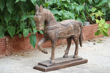 Large Vintage Wooden Decorative Horse Sculpture | Natural antique wooden Horse on Flat Wooden Base | Rare Indian Collectible with Patina