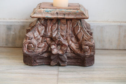 Candle Holder Vintage Indian Antique Hand carved Wooden Architectural Salvage Heavy Base Candle Stand | Floral engraved Old Collectible