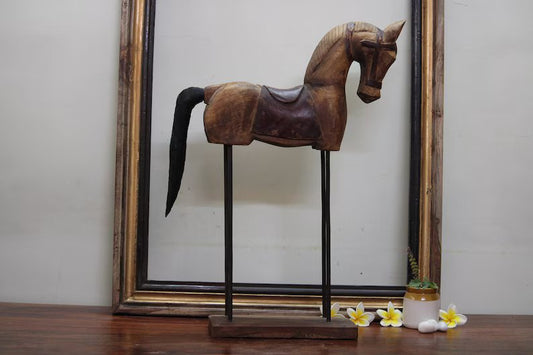 Horse Sculpture Tall Handmade Vintage Wooden Decorative Black and Golden Hand painted Horse statue on Iron and Wooden Stand