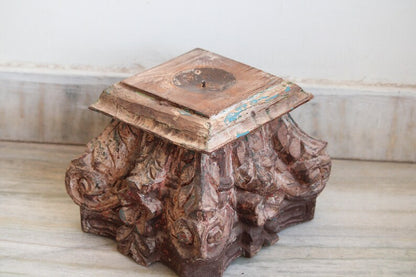 Candle Holder Vintage Indian Antique Hand carved Wooden Architectural Salvage Heavy Base Candle Stand | Floral engraved Old Collectible