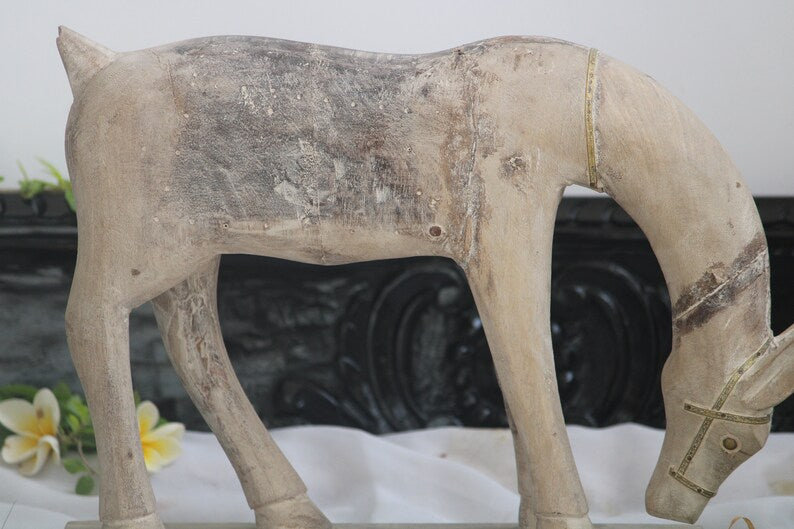 Handmade Wooden Decorative Horse Sculpture | Wooden Handmade Eating Horse statue with Distress finish