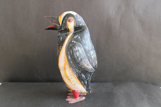 11" Vintage and Handcrafted Rare metal Penguin Figurine with Black Shade and Rustic Touch for Decor