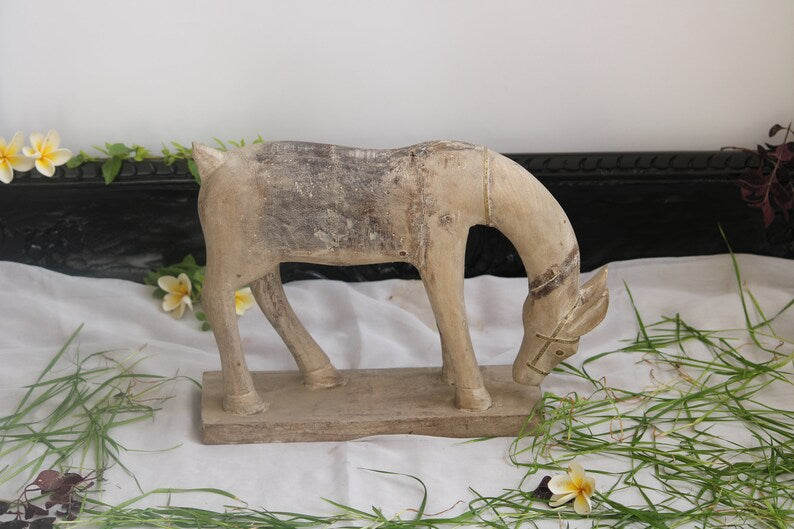 Handmade Wooden Decorative Horse Sculpture | Wooden Handmade Eating Horse statue with Distress finish