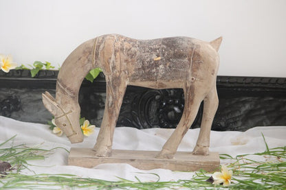 Handmade Wooden Decorative Horse Sculpture | Wooden Handmade Eating Horse statue with Distress finish