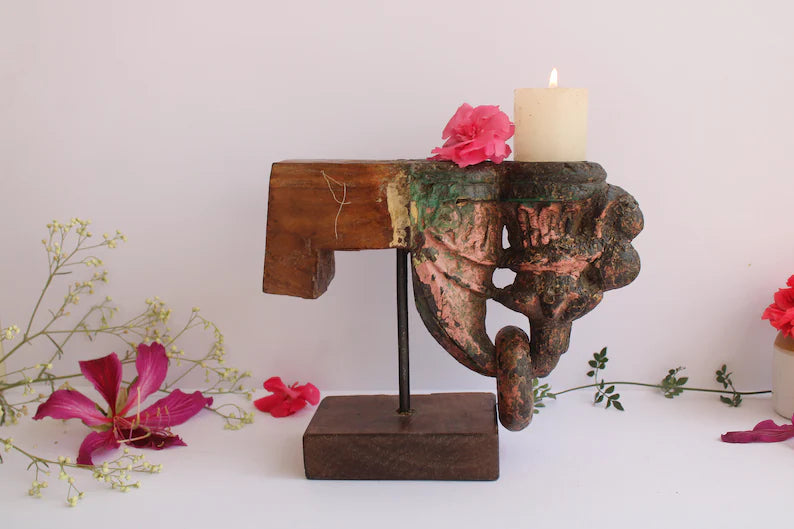 Candle stand Vintage Architectural Piece of the remains of an Old Wooden Door Salvaged Wooden Old Antique Wooden Carved Panel