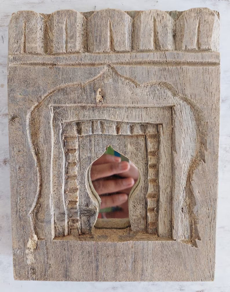 Old Indian Bleach Temple Mirror , Reclaimed Mirror, Antique Furniture, Home Decor / indiantemplemirror / wall hanging mirror frame.