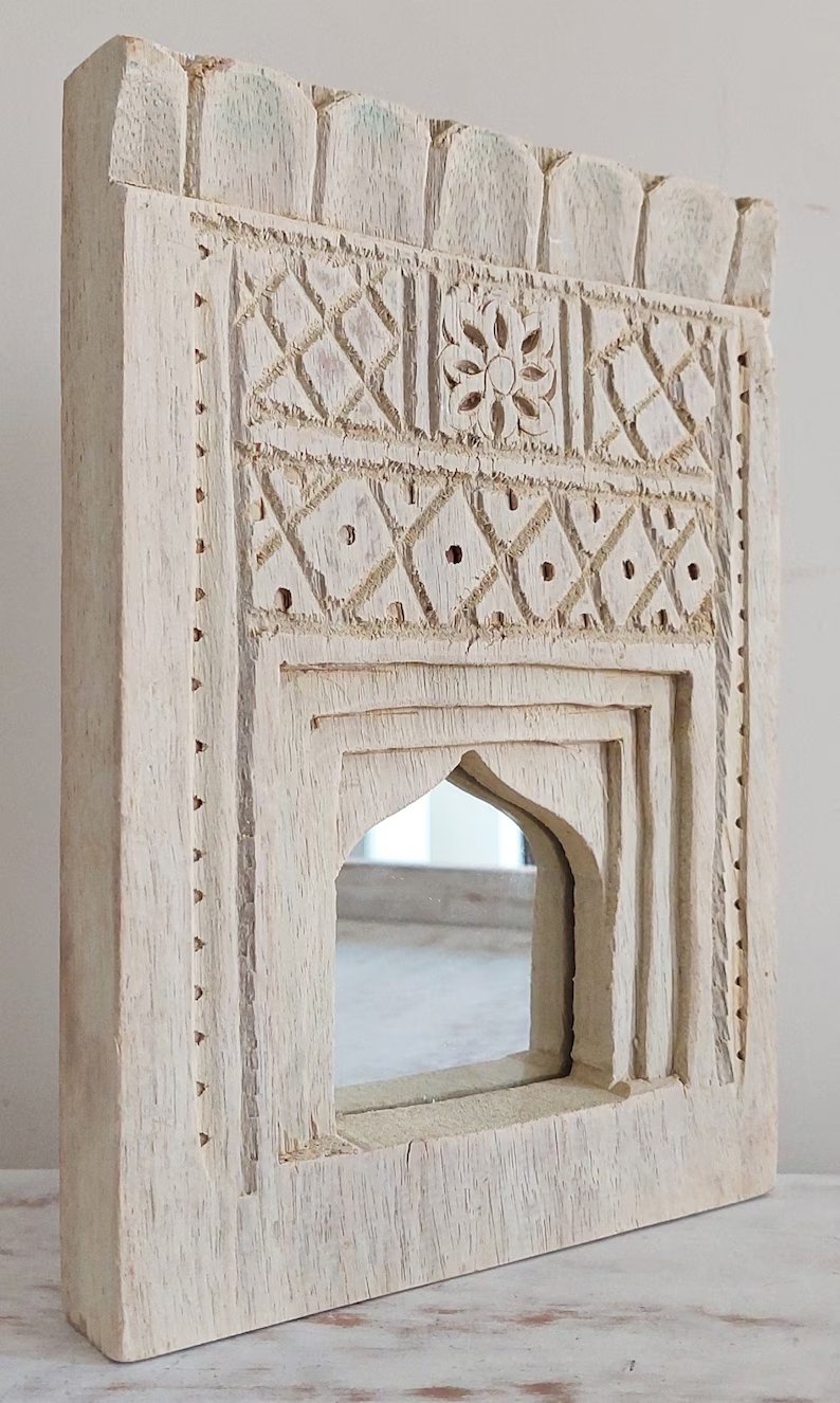 Old Indian Bleach Temple Mirror , Reclaimed Mirror, Antique Furniture, Home Decor / indiantemplemirror / wall hanging mirror frame.