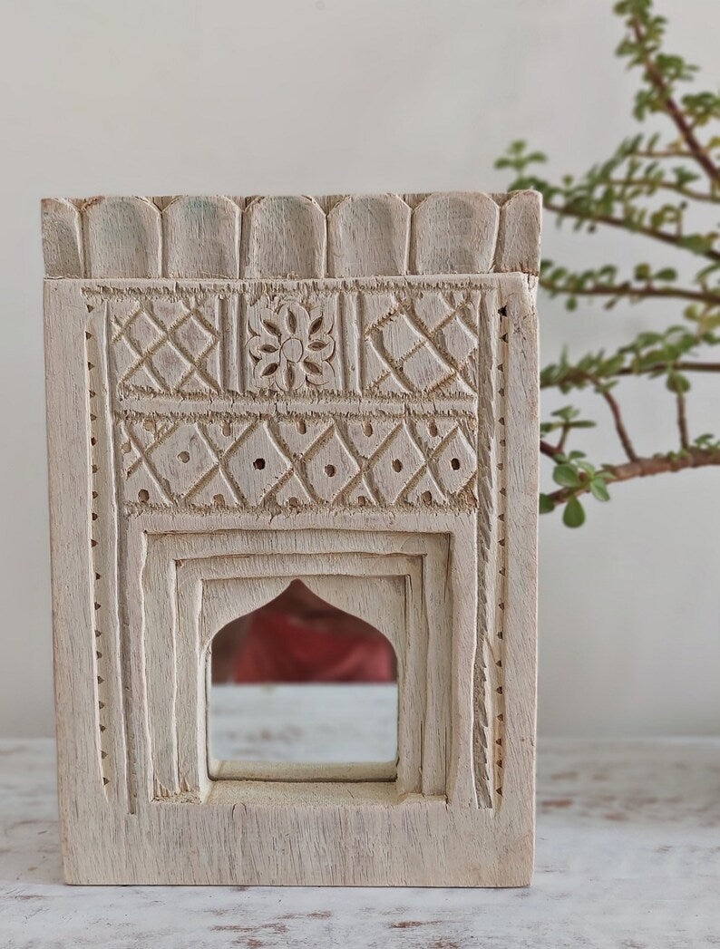 Old Indian Bleach Temple Mirror , Reclaimed Mirror, Antique Furniture, Home Decor / indiantemplemirror / wall hanging mirror frame.