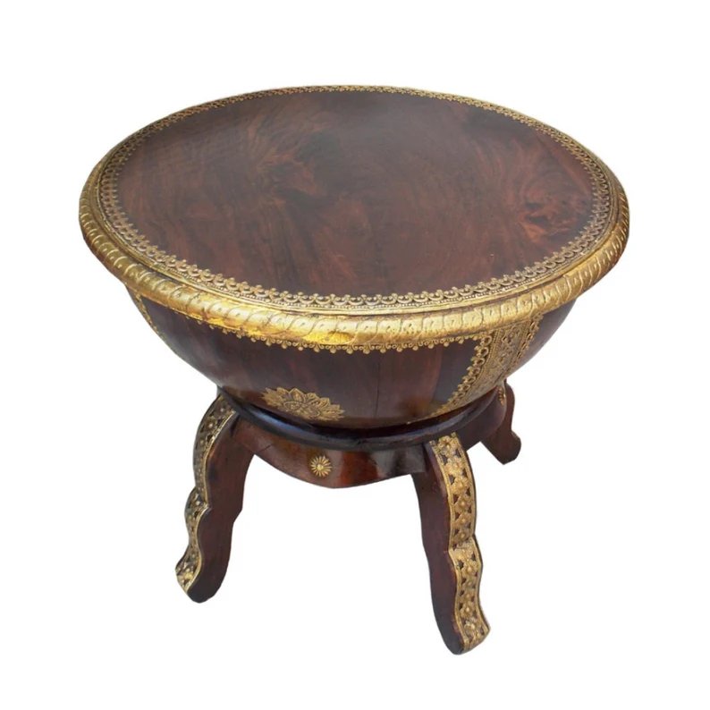 Brass Fitted Wooden Coffee Table, Indian Handicraft Drum Table For Cocktail Party, Golden-Brown Round Coffee Table For Home Interior