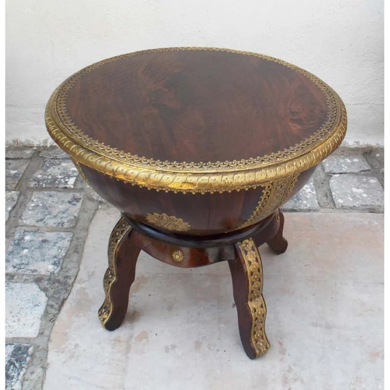 Brass Fitted Wooden Coffee Table, Indian Handicraft Drum Table For Cocktail Party, Golden-Brown Round Coffee Table For Home Interior