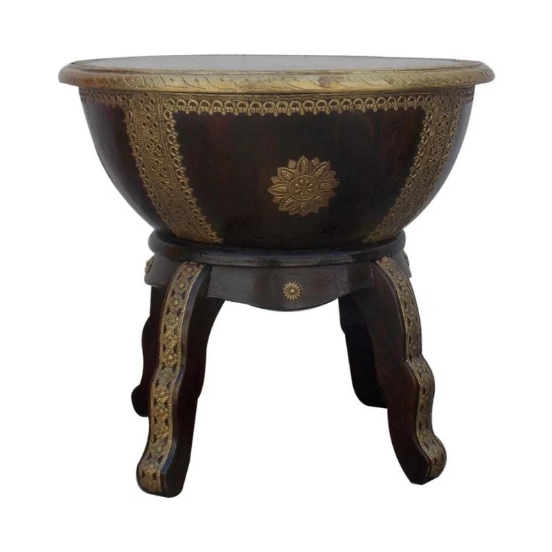 Brass Fitted Wooden Coffee Table, Indian Handicraft Drum Table For Cocktail Party, Golden-Brown Round Coffee Table For Home Interior