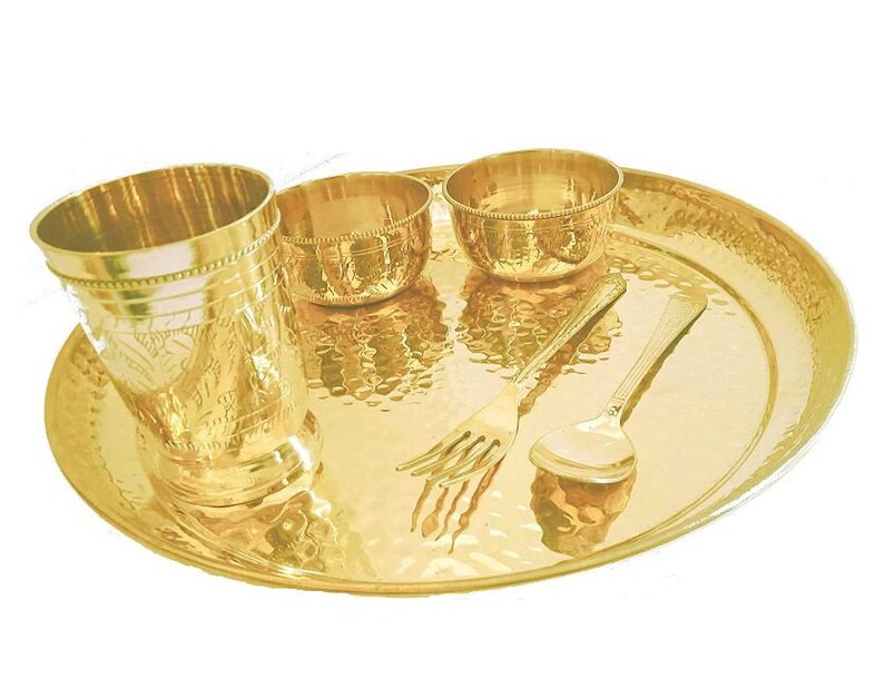 Pure Brass Hammered Design 6 Pieces Dinner Set(Thali Set of 1 Plate, 1 Glass, 1 Spoon, 1 Small Plate & 2 Bowls) Color- Gold, NEW Dinnerware - Hansa Handicraft