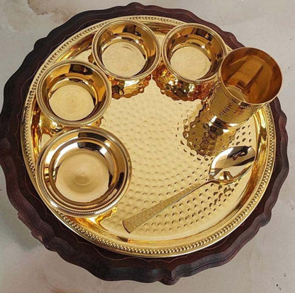 Pure Brass Hammered Design 7 Pieces Dinner Set(Thali Set of 1 Plate, 1 Glass, 1 Spoon, 1 Small Plate & 3 Bowls) Color- Gold