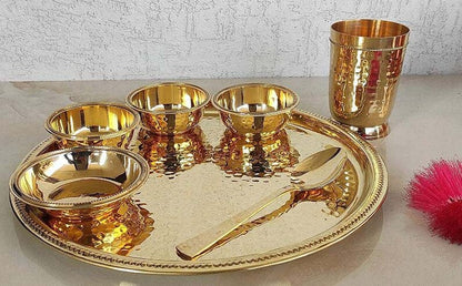 Pure Brass Hammered Design 7 Pieces Dinner Set(Thali Set of 1 Plate, 1 Glass, 1 Spoon, 1 Small Plate & 3 Bowls) Color- Gold