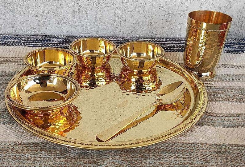 Pure Brass Hammered Design 7 Pieces Dinner Set(Thali Set of 1 Plate, 1 Glass, 1 Spoon, 1 Small Plate & 3 Bowls) Color- Gold