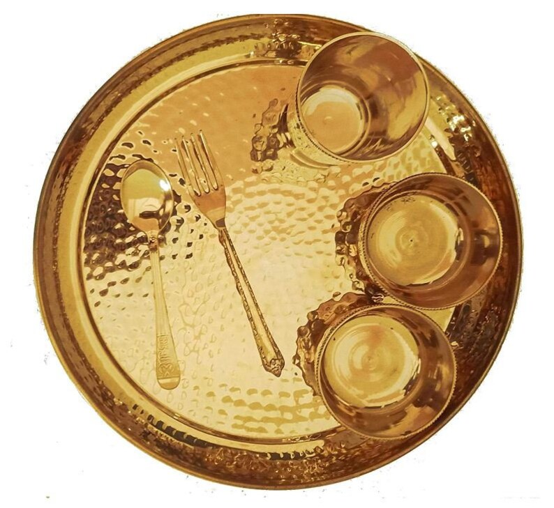 Pure Brass Hammered Design 6 Pieces Dinner Set(Thali Set of 1 Plate, 1 Glass, 1 Spoon, 1 Small Plate & 2 Bowls) Color- Gold, NEW Dinnerware - Hansa Handicraft