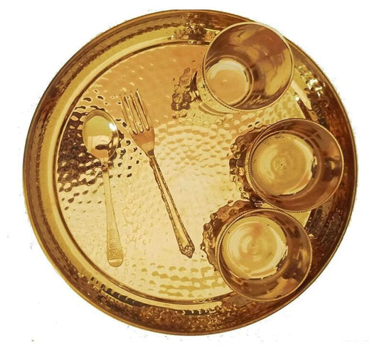 Pure Brass Hammered Design 6 Pieces Dinner Set(Thali Set of 1 Plate, 1 Glass, 1 Spoon, 1 Small Plate & 2 Bowls) Color- Gold, NEW Dinnerware