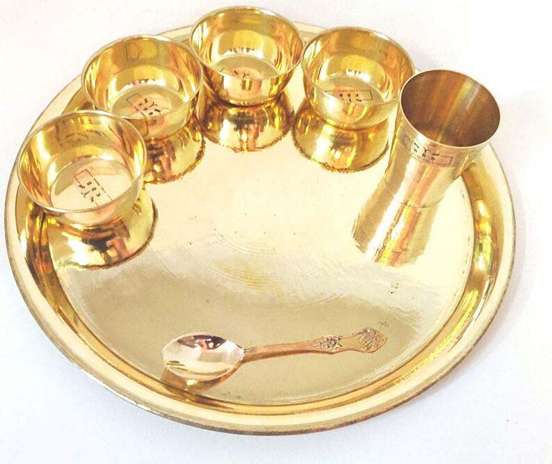 Pure Brass Luxury Plain Dinner Set, Brass Thali Set | Dinner Set | Plain Design | 14 Inch Thali | 7 Pieces Set , ( 900 Grams), Set of 7