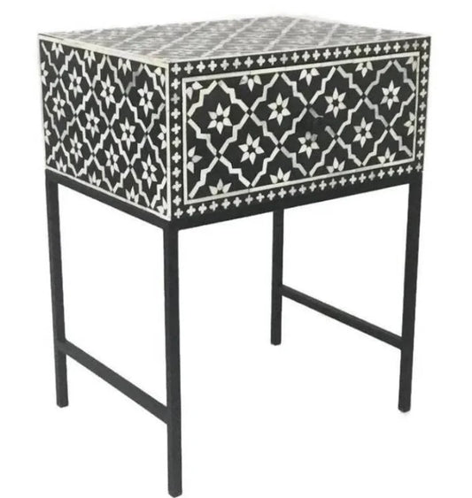 Handmade Bone Inlay Modern Floral Pattern Bedside Table with 1 Drawer for Home and Office Decor