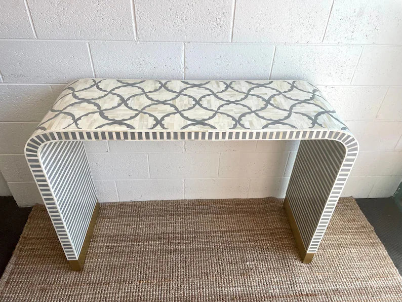 Handmade Fish scale Waterfall Bone Inlay Console Table | Unique Exotic Design for Entryway, Living Room, and Dining Room Decor